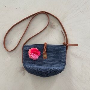 Blue Straw Braided Boho Crossbody Bag with Pink Flower Accent